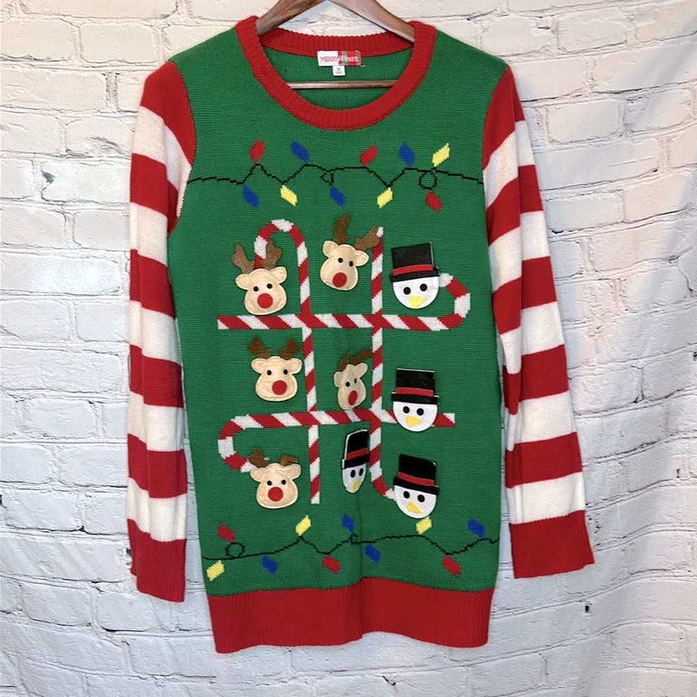 Merry Wear Green Reindeer Snowman Tic Tac Toe Christmas Sweater Size X-Large